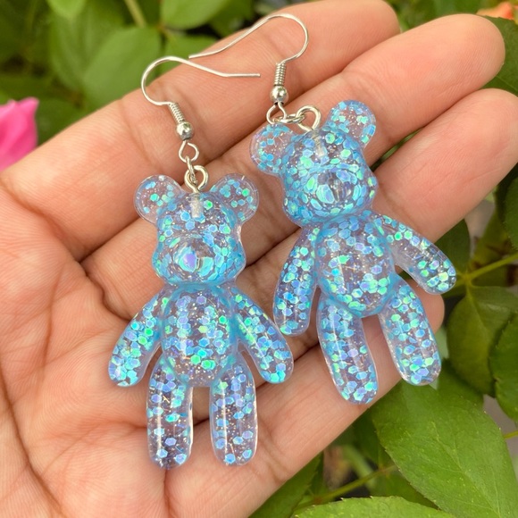Blue teddy bear shaped resin earrings handmade - Picture 1 of 1